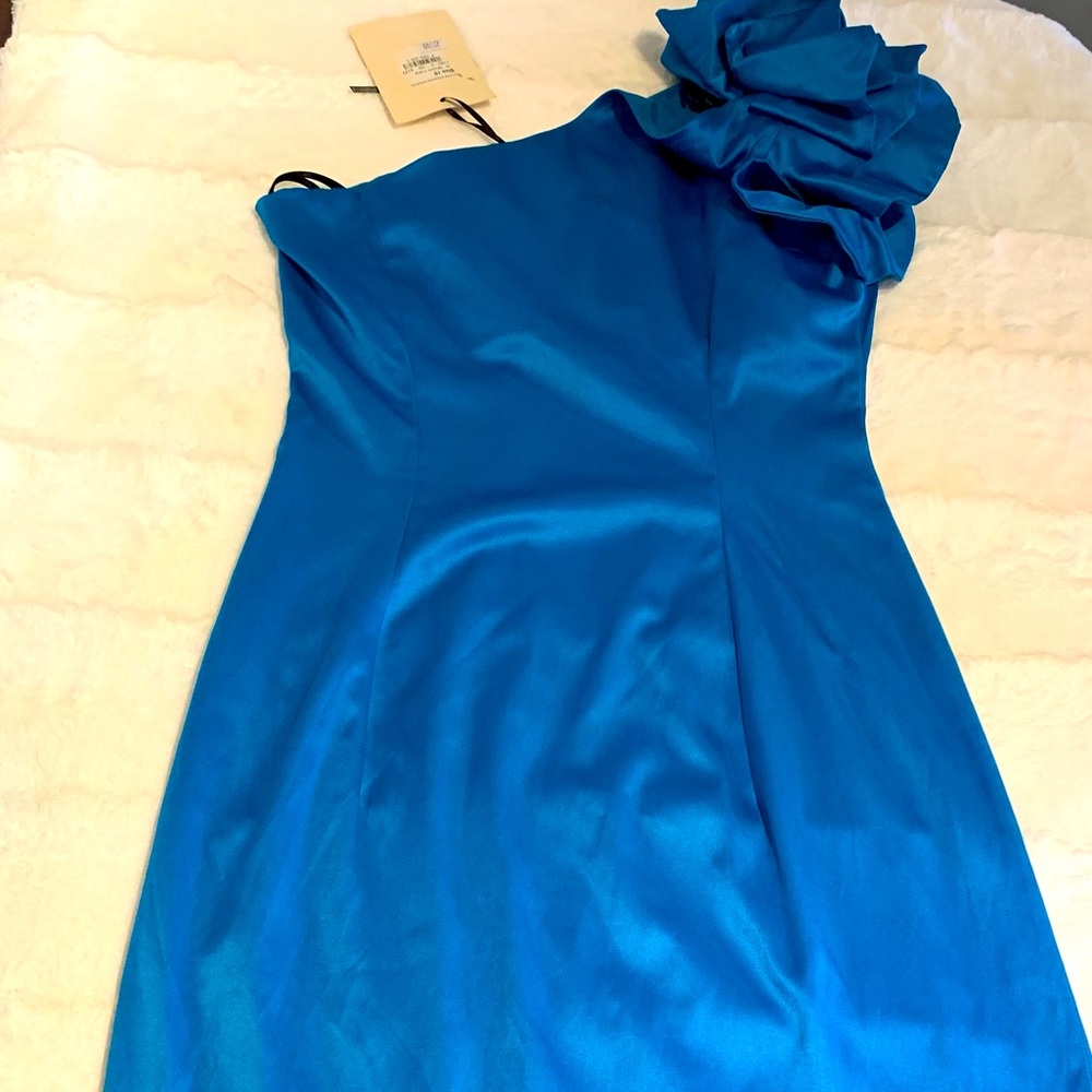 Blue One Shoulder Ruffle Cocktail Party Dress